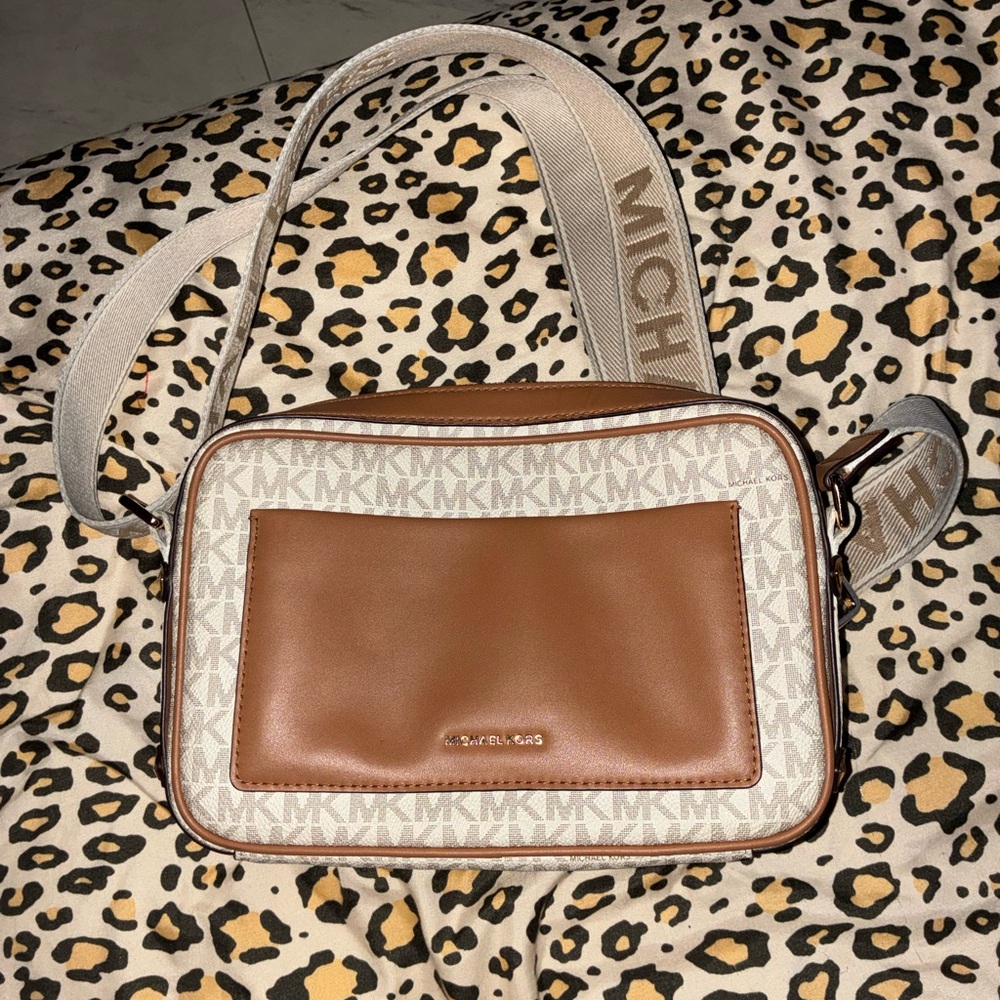 Michael Kors Vanilla Logo and Tan Leather Crossbody Bag